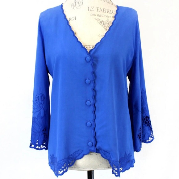Soft Surroundings Blouse Womens‎ SMALL Blue Embroidery 3/4 Sleeve Button Rayon - Picture 1 of 14